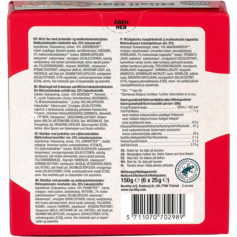 Müslibar 6-pack jordnötter och mjölkchoklad