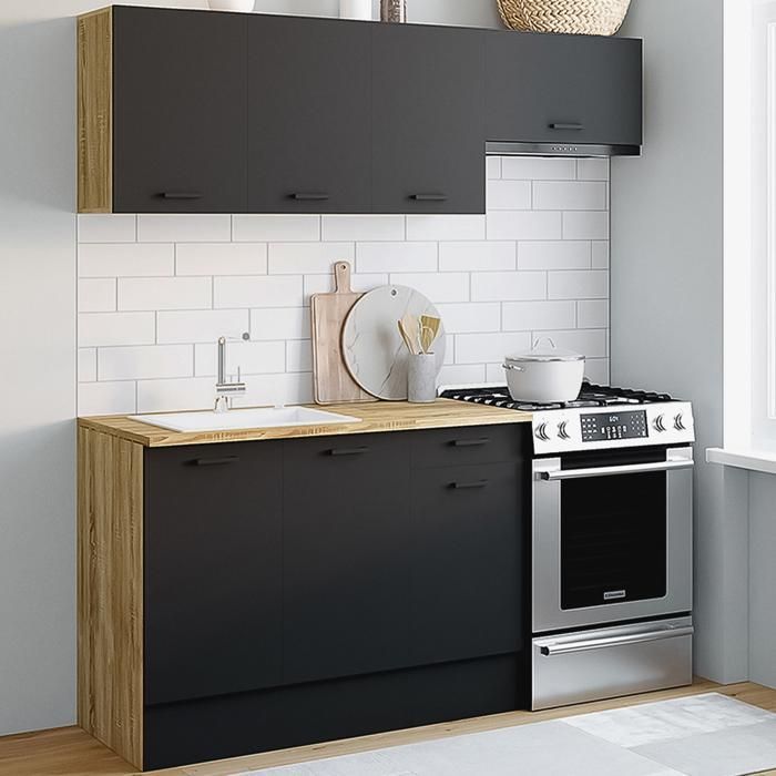 IDMARKET Cuisine complète 180 cm SUBTIL avec plan de travail 5 éléments bois et noir