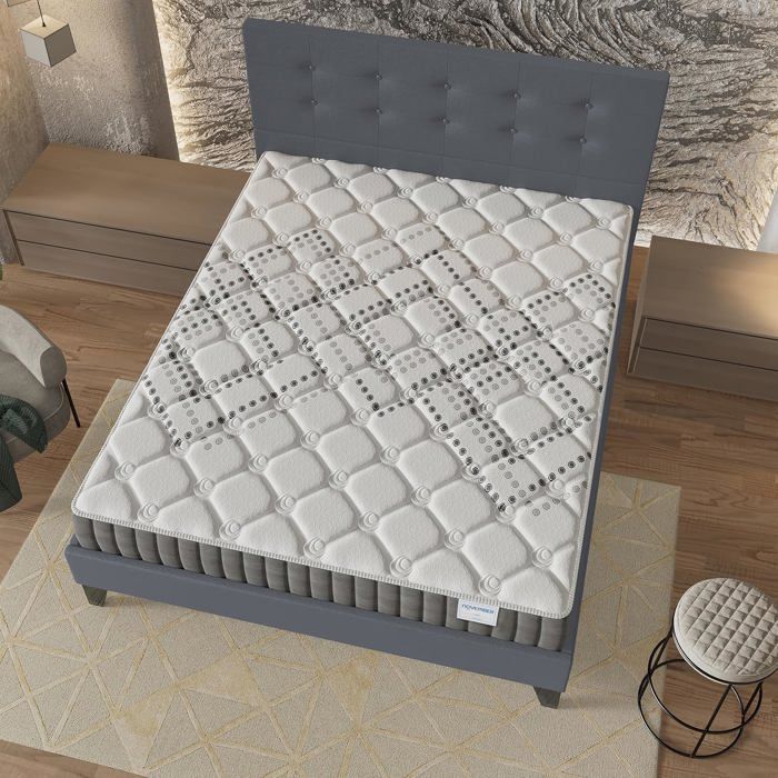 Colchón y cama (140x200cm) - Muelles ensacados Eliha de 20cm y espuma de alta densidad + Base de láminas estable y cabecero tapizado en gris