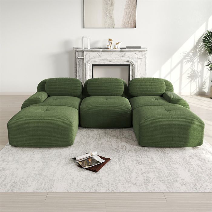 DRIPEX Canapé 3 places d'angle modulable-en Velours côtelé - avec 3 oreillers et 2 pouf - 298x178x75cm - Vert