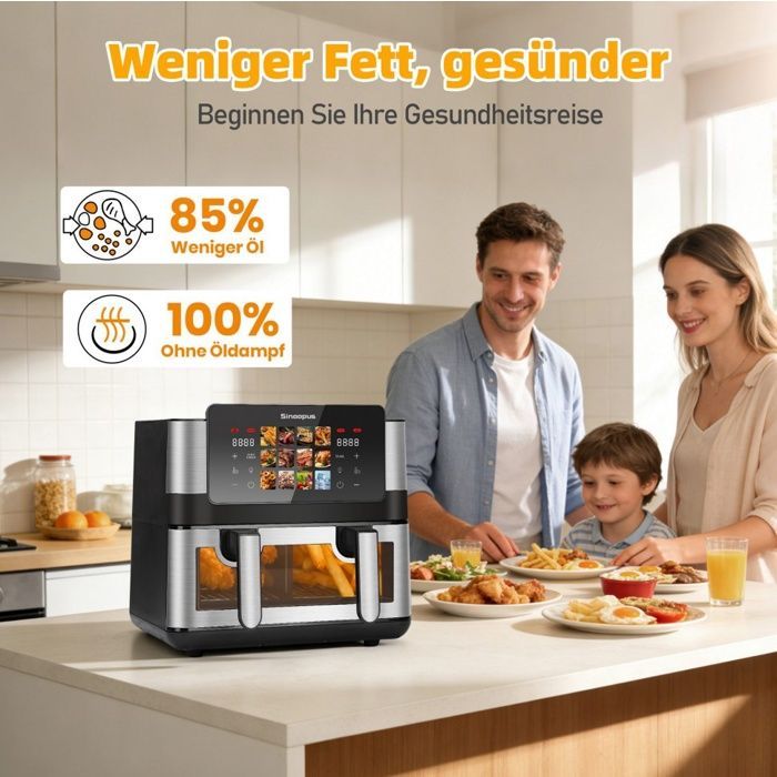 Fritadeira Elétrica sem Óleo - 8,5L Cesto Simples/Duplo - 12 Programas e Visor de Cozimento - Fritadeira sem Óleo com Tela Sensível ao Toque até 200°C - Preta