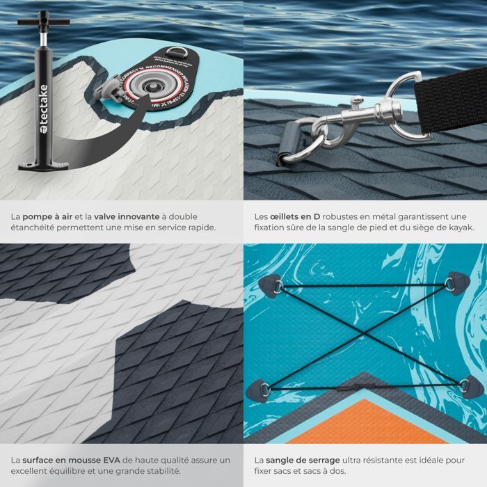 Tabla de paddle surf - TECTAKE - Tabla hinchable 2 en 1, kit completo con construcción drop-stitch, 3 aletas - naranja turquesa