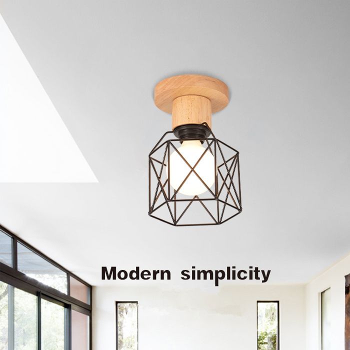 SNOGOLD Plafonnier Industriel Lampe de Plafond Rétro en Métal et Bois, Vintage E27 Luminaire Hexagone Cage Noir pour Salon Chambre