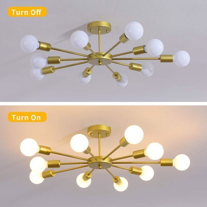 Ganeed Plafonnier encastré-Plafonnier industriel moderne Spoutnik pour chambre à coucher, salon, cuisine-10 lumières-Métal-Or-E27
