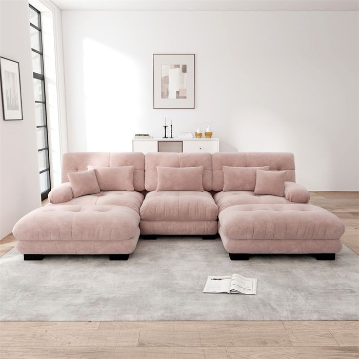 Sofá em formato de U DRIPEX Cloud de 4/5 lugares para sala de estar, sofá escandinavo em chenille com almofadas e pufe, 313×145×81cm, rosa