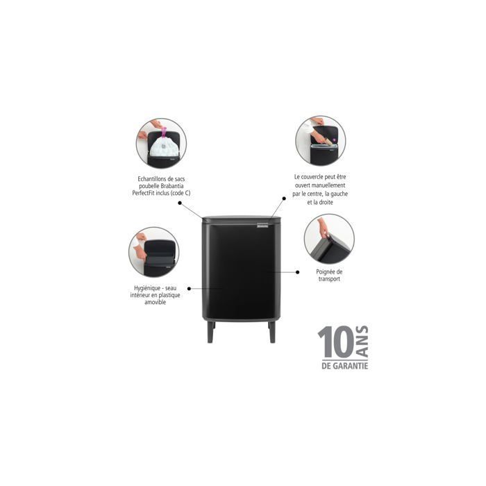 Poubelle de Cuisine - Brabantia - 227226 - Fermeture Silencieuse - Seau Amovible - Noir Mat