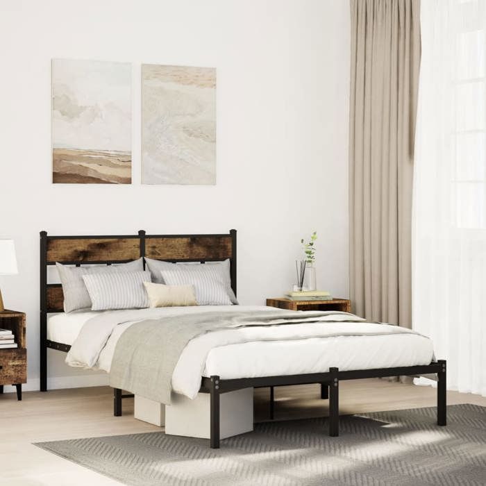 Metalen bedframe - vidaXL - 120x190 cm - Gerookt eikenhout - Hoofdbord - Opbergruimte - Lattenbodem
