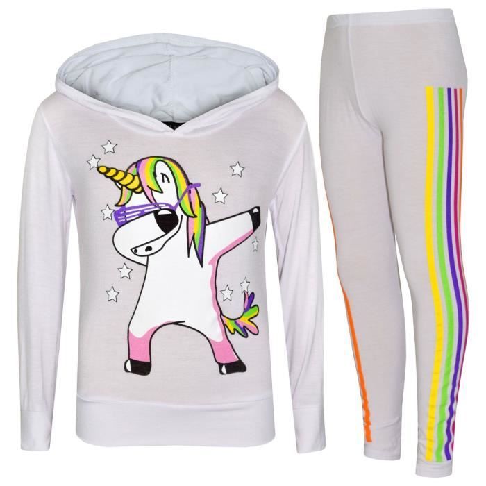 Conjunto de chándal blanco para niñas con estampado de unicornio arcoíris - 7-13 años