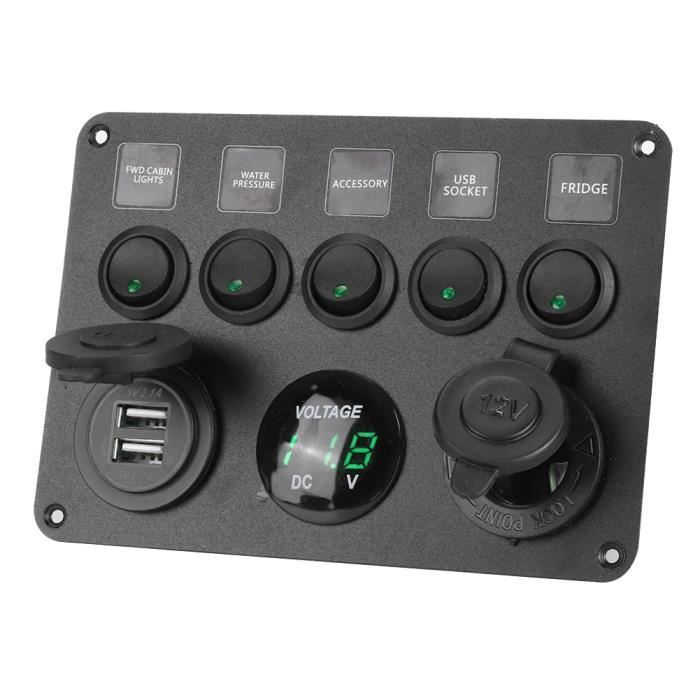 Panneau d'Interrupteurs à Bascule à 5 Gang LED avec Voltmètre Numérique Universel pour Bateau à Moteur moto commutateur Rouge Vert