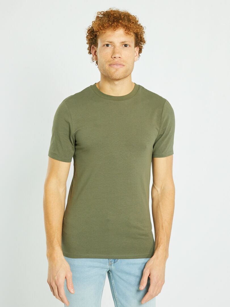 T-shirt met ronde hals van katoen - Nauwsluitend - kaki