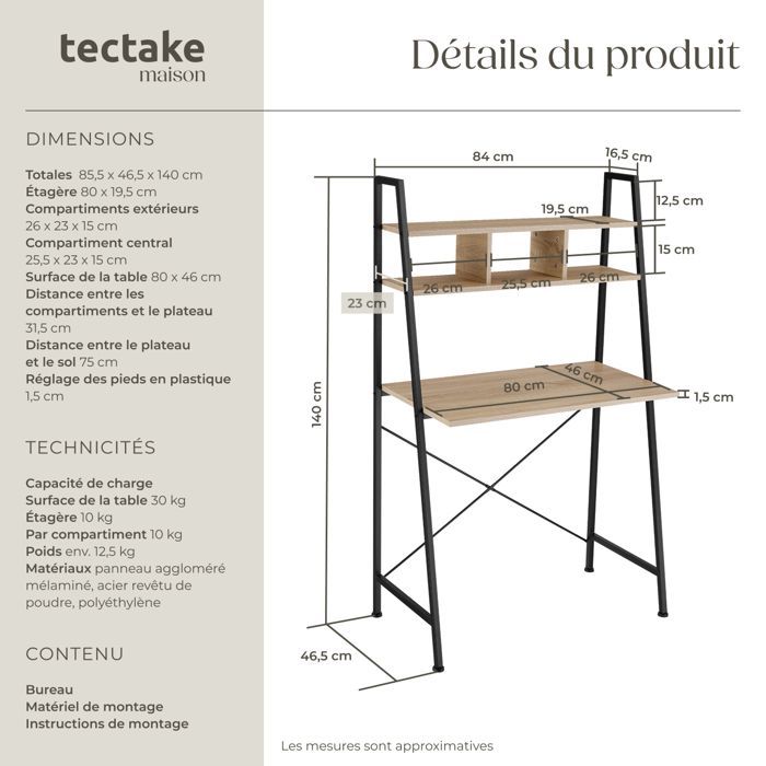 Schreibtisch - TECTAKE - EXETER Schreibtisch aus Holz und Stahl 85,5 x 46,5 x 140 cm - Hellholz