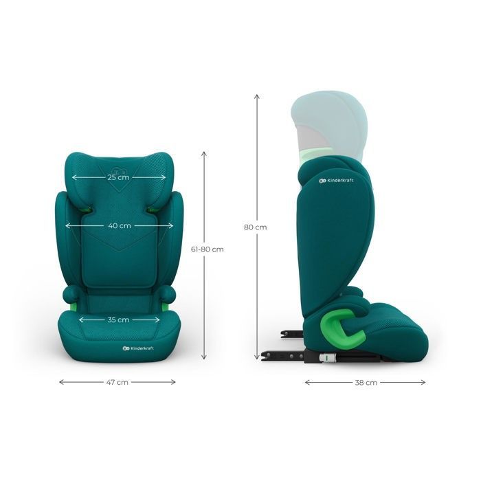 Seggiolino auto Kinderkraft JUNIOR FIX 2 PLUS 100-150 cm, seggiolino convertibile ISOFIX con protezione dagli impatti laterali e poggiatesta regolabile, verde