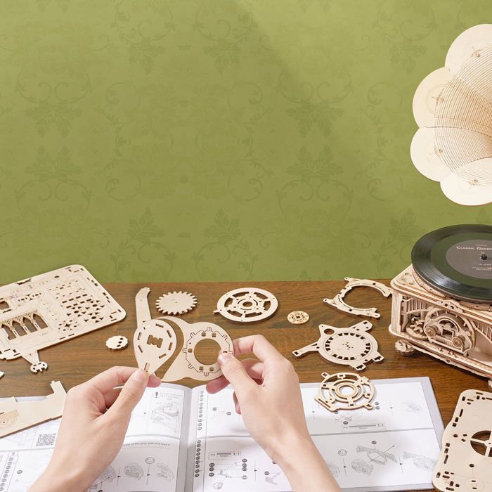 3D Puzzle en bois - ROBOTIME ROKR Gramophone classique Version électrique Kits mécaniques