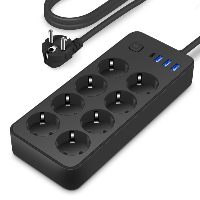 Regleta con interruptor - UPLAYTECK - 12 tomas de corriente - 8 tomas europeas - 3 puertos USB-A - 1 puerto USB-C