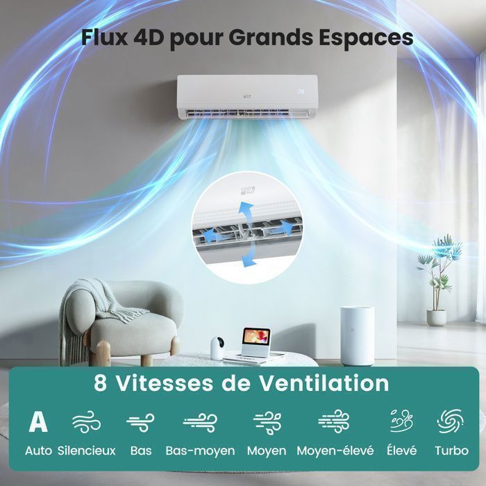 Aire acondicionado fijo mono-split Costway de 9000 BTU y 2,6 kW con refrigerante R32 - Temperatura de funcionamiento: 16-31 °C - Bomba de calor - Superficie: 22 m² - Kit de conexión completo de 4 m - Temporizador de 24 horas - Clase energética A++