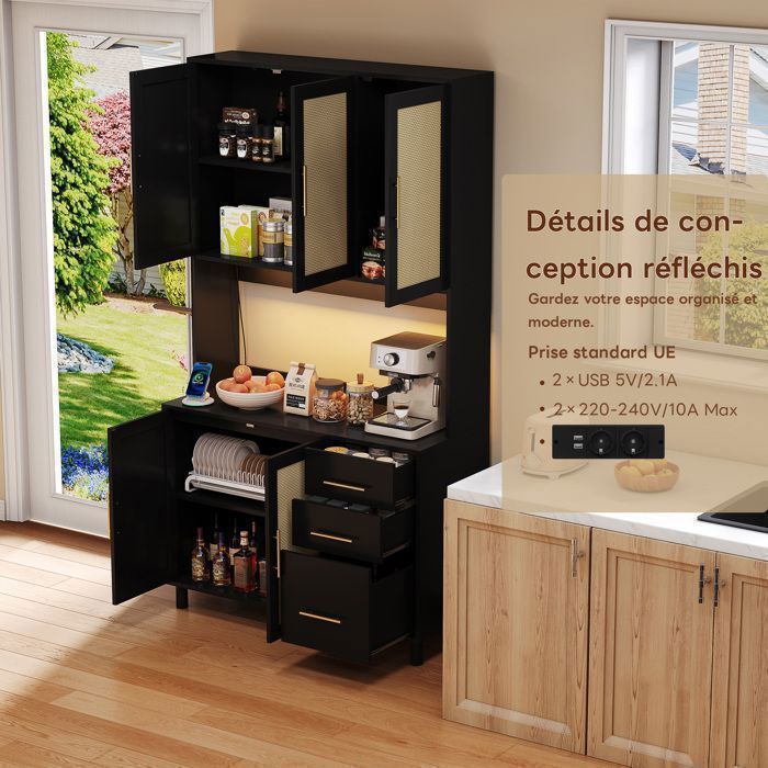 Credenza da cucina in vimini da 183 cm con illuminazione LED multicolore e porta USB, 3 cassetti, 5 ante e ripiani regolabili, colore nero.