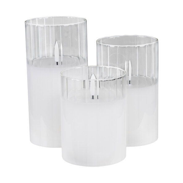 LED-Glaskerze, rund gerippt, weiß, 3er Set