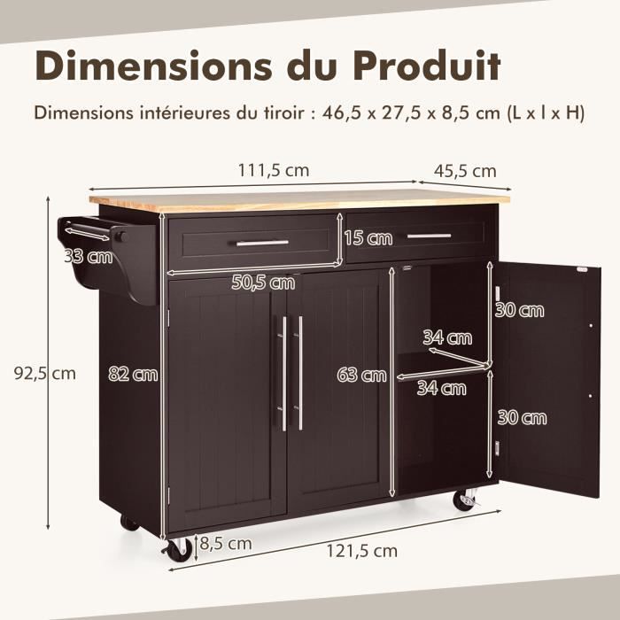 COSTWAY Desserte-Chariot de Cuisine à Roulettes, Îlot de Cuisine avec Porte-Couteau, Porte-Serviettes, 3 Portes et 2 Tiroirs, Café