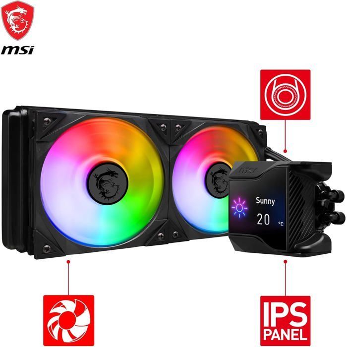 Refrigeração líquida para CPU - MSI - Coreliquid D240 - Bomba com ventoinha de 60 mm - 2 ventoinhas ARGB de 120 mm - Tela de 2,4