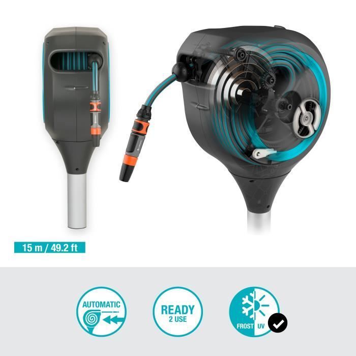 Enrollador de manguera automático con estaca, RollUp S 15 m - GARDENA - Acabado azul - Rebobinado automático de la manguera