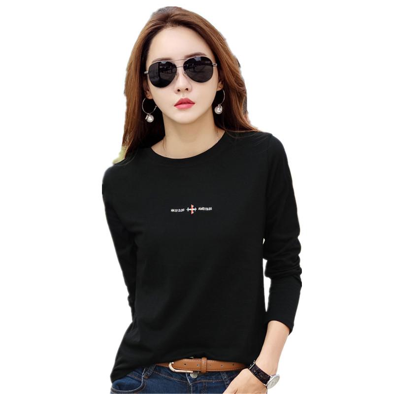 T-shirt d'automne pour femme, style décontracté, blanc et noir, manches longues, brodé, en coton, col rond. Vêtements pour femme.