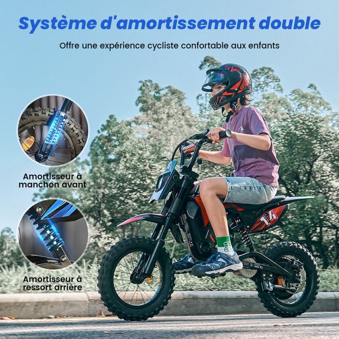Motocicleta elétrica infantil A14 vermelha, 500 W, 3 velocidades (8-27 km/h), pneus todo-terreno de 14 polegadas, autonomia de 22 km, Bluetooth.
