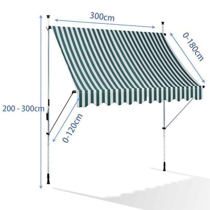 3 meter lange, wit-groen gestreepte, uitschuifbare luifel, handmatig bedienbaar zonnescherm, geen boren nodig, met in hoogte verstelbaar zonnescherm voor terras