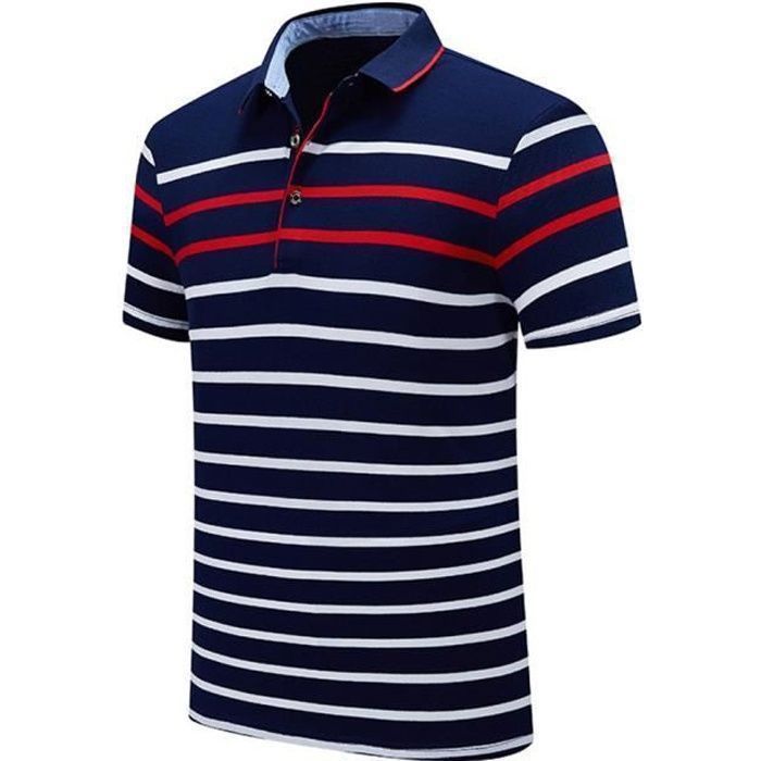 INSFITY Men's Polo Shirt - Short Sleeve Striped - 100% Cotton - Casual Turn-Down Collar - Blue Red