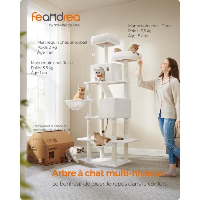 Arbre à Chat, Hauteur 206 cm, avec 13 Griffoirs, 2 Plate-forme, 2 Niches, Panier, Hamac, Pompon, Blanc Crème