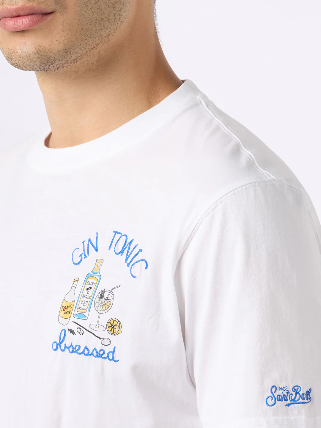 Heren katoenen T-shirt met 'Gin Tonic Obsessed'-borduurwerk op de borst, wit, logo-borduurwerk, stukgeverfd, ronde hals, korte mouwen | MC2 Saint Barth