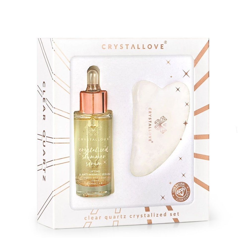 Crystallove sejas kopšanas komplekts no caurspīdīga kvarca: serums + Gua Sha – 1 gab.