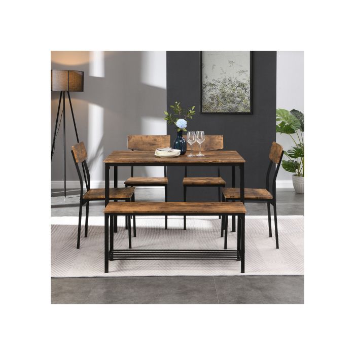 SogesHome Dining Table with Chairs, Wood & Steel, Set of 1 Table + 6 Chairs, 110x70x75 cm