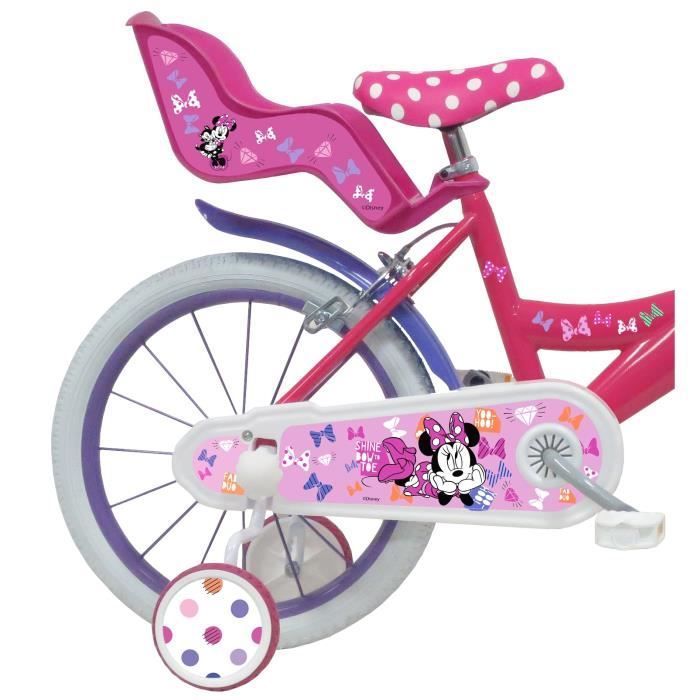 Vélo enfant Fille 16'' Minnie / Disney (taille enfant 100cm à 120cm) équipé de 2 freins, porte poupée, panier avant + Casque