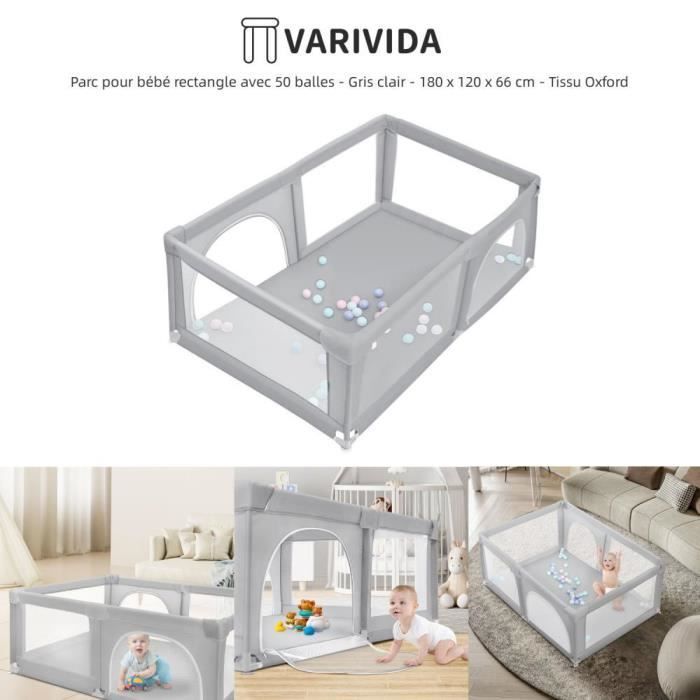 VARIVIDA Rechthoekige babybox met 50 ballen - Lichtgrijs - 180 x 120 x 66 cm - Oxfordstof