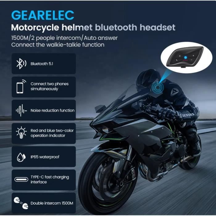 Bluetooth Motorcycle Intercom - Wireless Motorcycle Helmet Intercom Kit - 1500m Waterproof IP65 - Control Calls