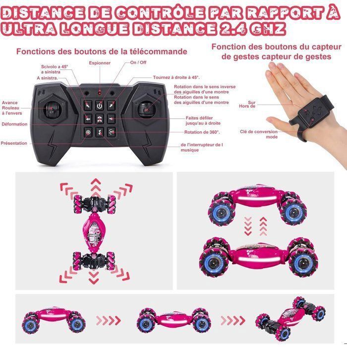 Coche teledirigido todoterreno, 2,4 GHz, coche acrobático RC giratorio de 360°, juguete para niños de 6 a 12 años, coche teledirigido controlado por gestos, rosa.