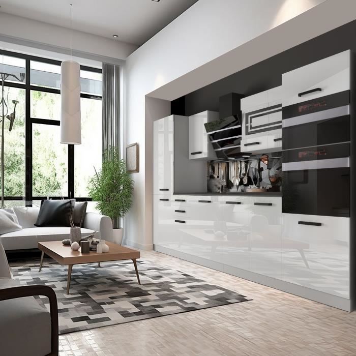 Belini Cuisine Equipee Complete MILA Muebles de Cuisine Complets - 300 cm.  Avec Plan de Travail, blanc très brillant