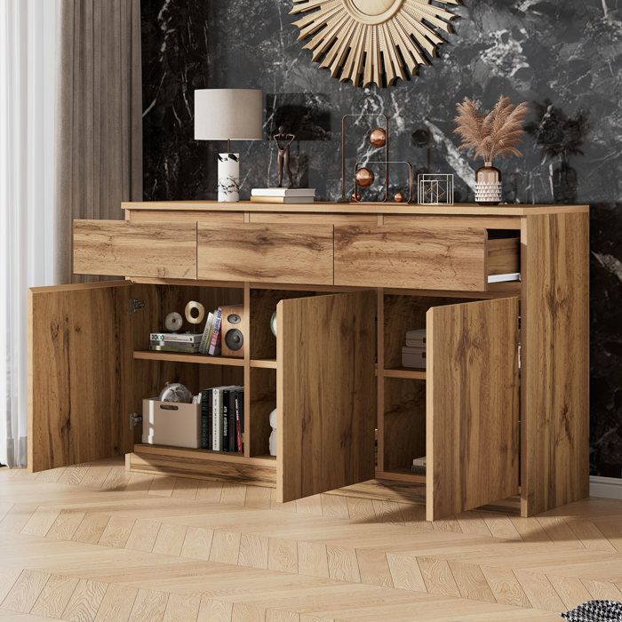 Buffet bas 135×40×81 cm avec 3 portes et 3 tiroirs, Buffet salon avec rangement, Buffet de cuisine en aspect bois d'origine