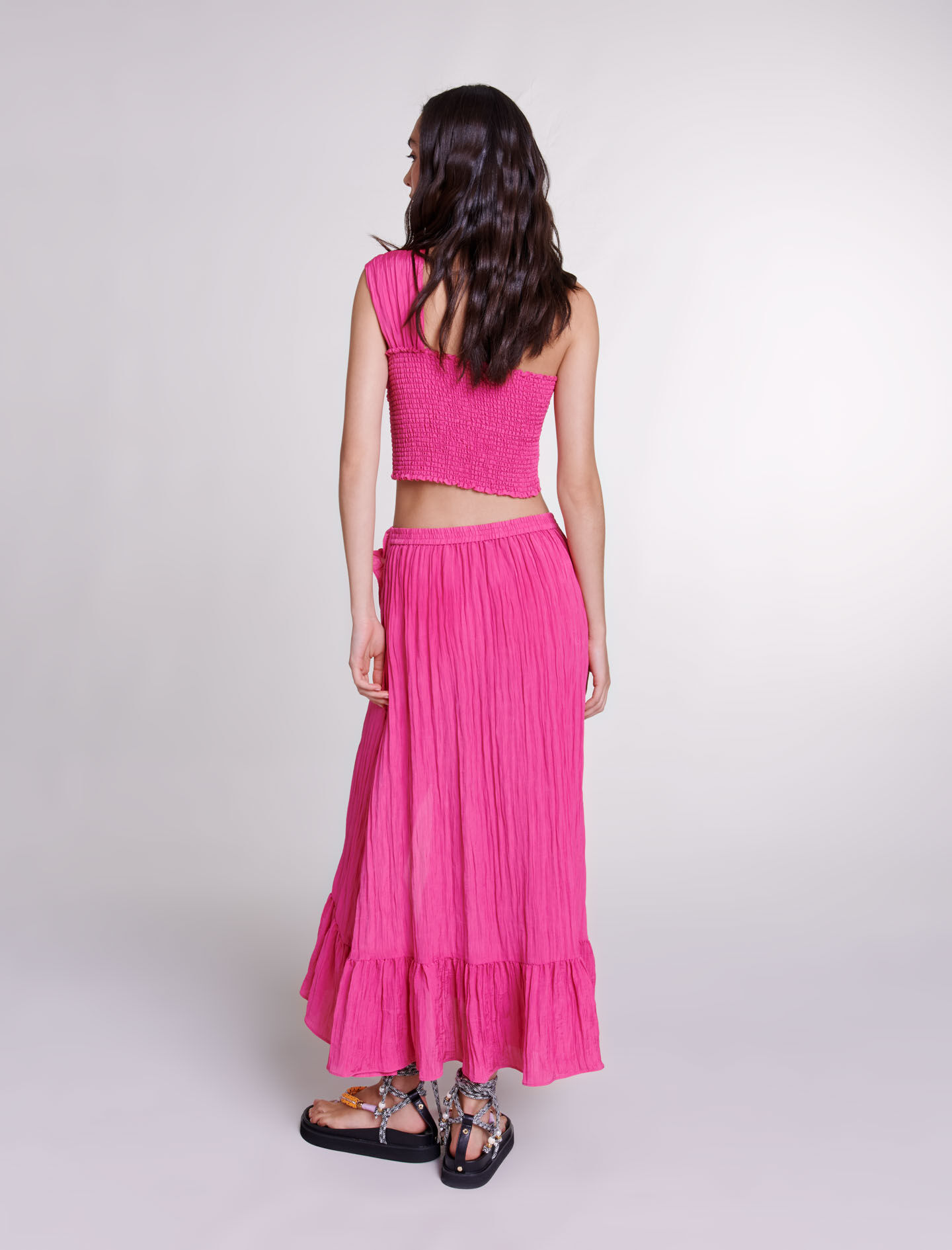 Fustă lungă din satin creț - Roz fucsia
