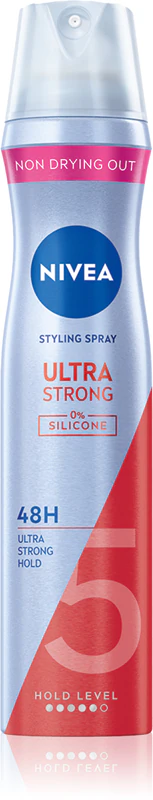 Spray de cabelo NIVEA Ultra Strong sem silicone com fixação forte.