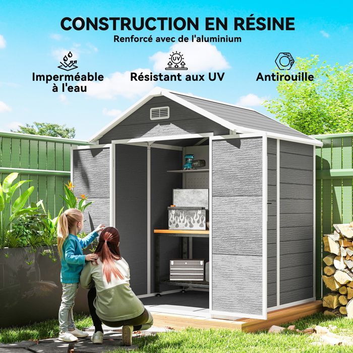 Casetta da giardino - Outsunny - resina - con pavimento, struttura in alluminio - porte con chiusura a scatto, 3 finestre - grigio