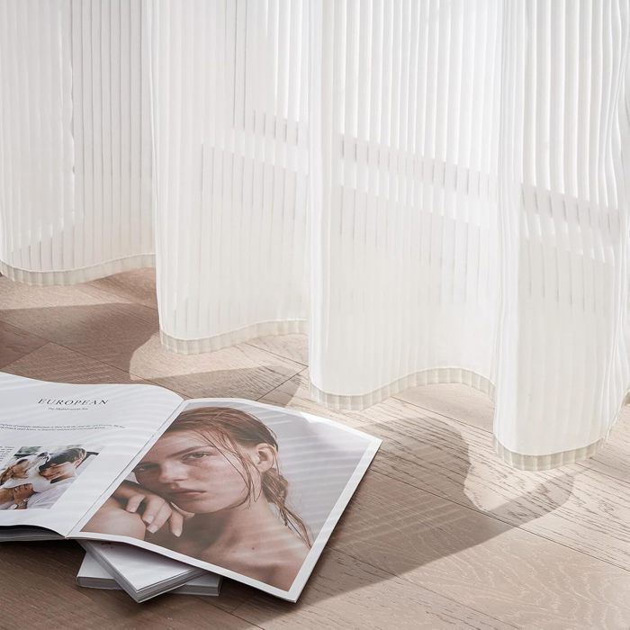 Topfinel Rideau 140x225cm Voilage Blanc de Chambre Motif Rayures Verticales Rideau Voile Transparent à Oeillets Bon drapé Lot de 2