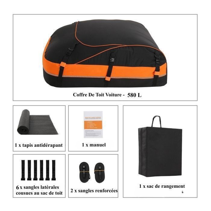 Coffre Toit Pliable - 580L/20 Pieds Cubes - 900D Tissu d’Oxford - Sac de Toit Voiture Pour Voyage Souple Résistant aux intempérie