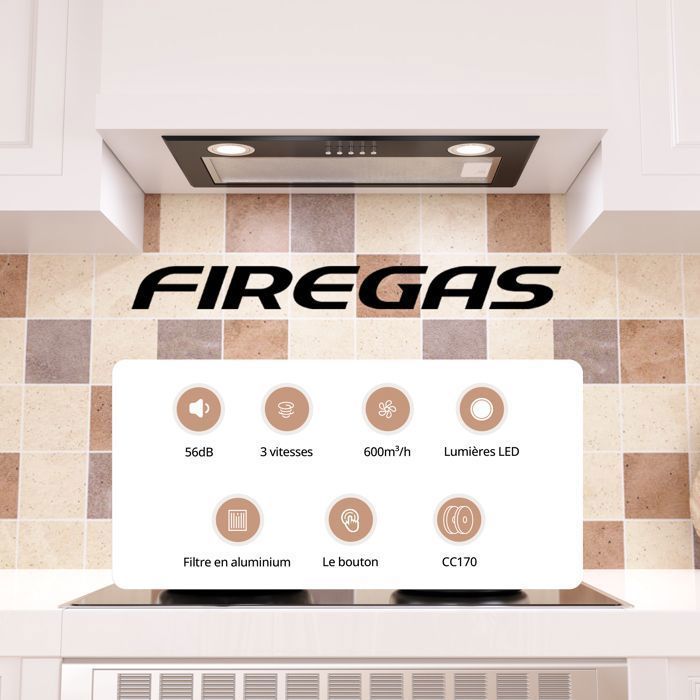 FIREGAS Inbouwafzuigkap - Geïntegreerde keukenafzuigkap - 600 m³/u - 52 cm - Afzuiging of recirculatie - Zwart - Energieklasse A
