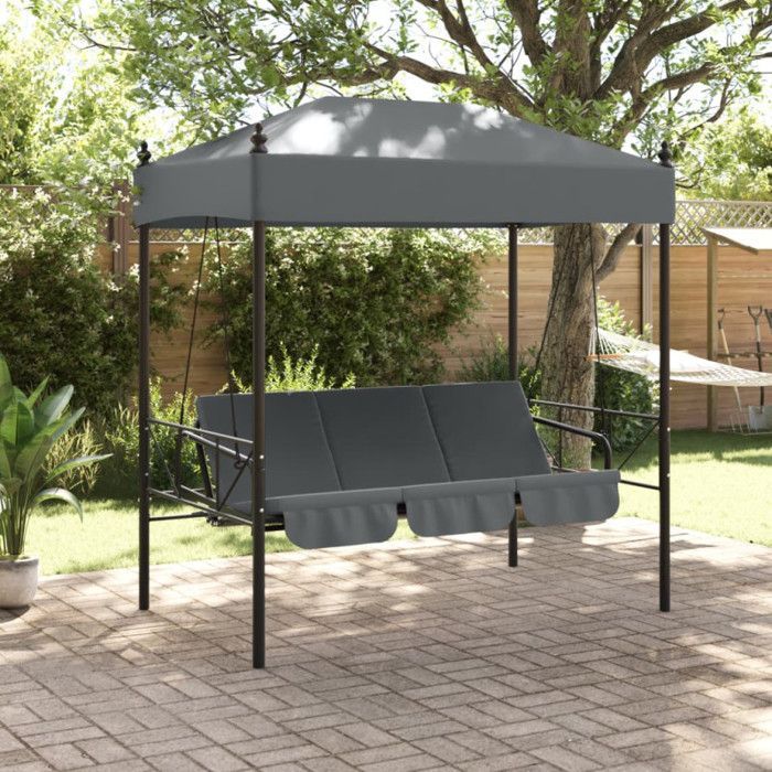 Columpio de jardín - Gris oscuro - 2 en 1 - Toldo de poliéster - 3 plazas