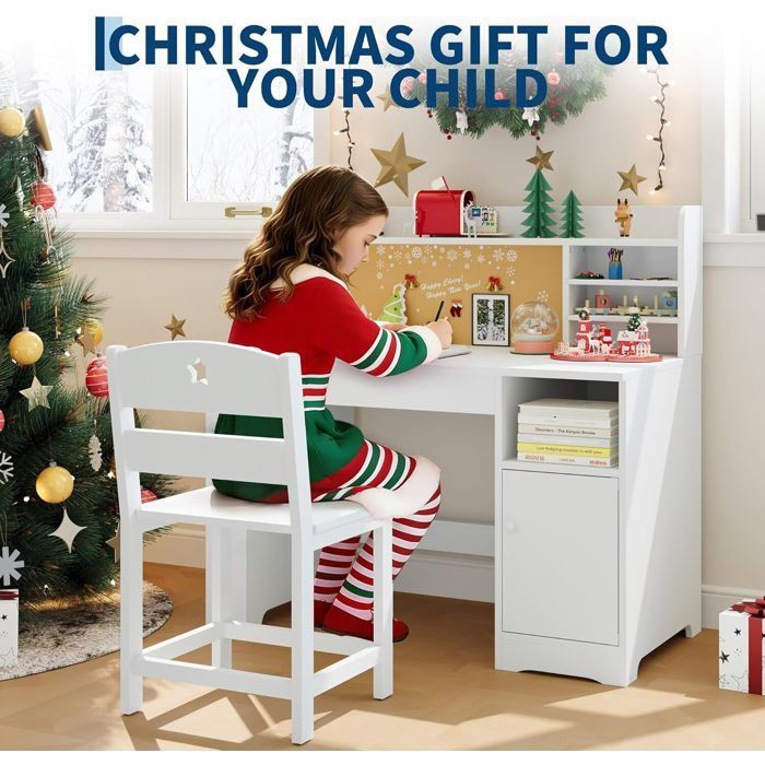 Kinderbureau met stoel - 97x47x101 cm - 1 kast met deur + boekenplank bovenop + prikbord - wit
