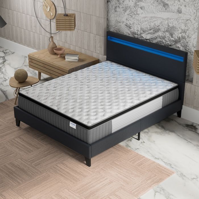 Colchón y cama (140x200cm) - Elekctra 30cm Muelles ensacados y espuma viscoelástica + Base de láminas estable y cabecero LED Negro