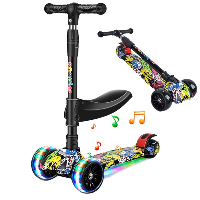 Patinete infantil con luces y música, asiento extraíble y plegable, ruedas anchas, altura regulable, capacidad máxima de 100 kg.