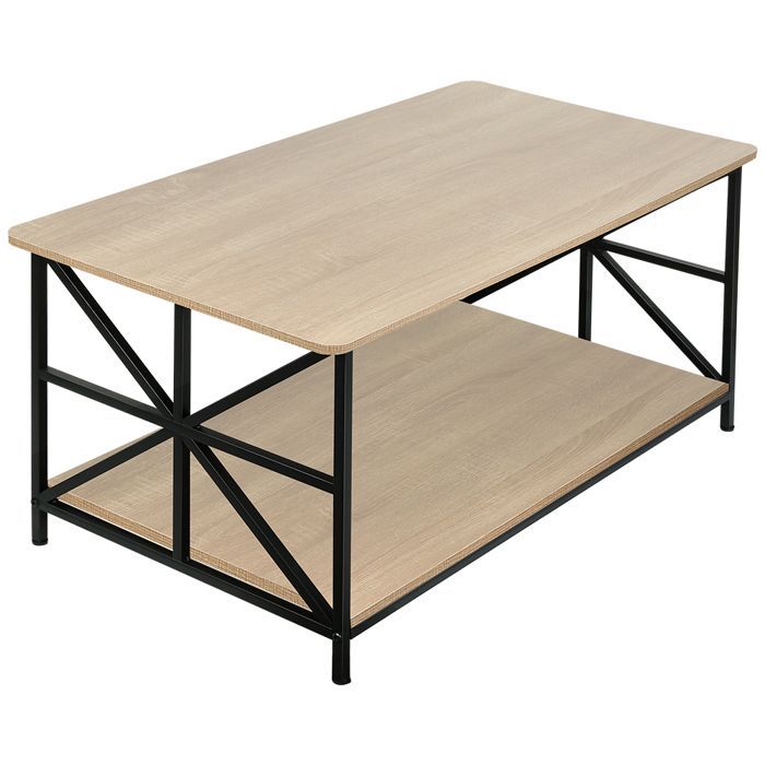 Mini table basse, table basse à double rangement, table de loisirs, 100*52*47,5 cm, marron clair + structure noire.
