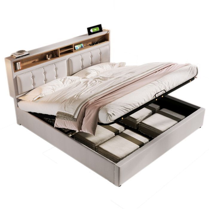 Cama doble tapizada LINKHOO con puerto de carga USB-C y cabecero, con somier de láminas (colchón no incluido), 160x200 cm, beige.